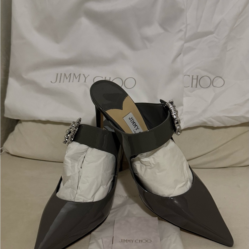 Jimmy Choo Women's Patent Leather Pointed Mule with Crystal Buckle